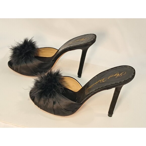 Agent Provocateur Size 38 Elice Mules Satin 4.5" Stiletto Heels Feathers Black - Picture 5 of 10